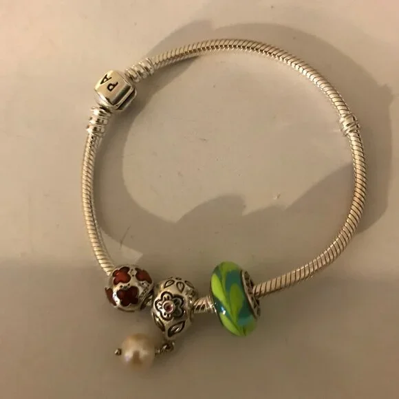 Authentic Pandora Snake Bracelet w/ 3 Charms - Picture 3 of 5